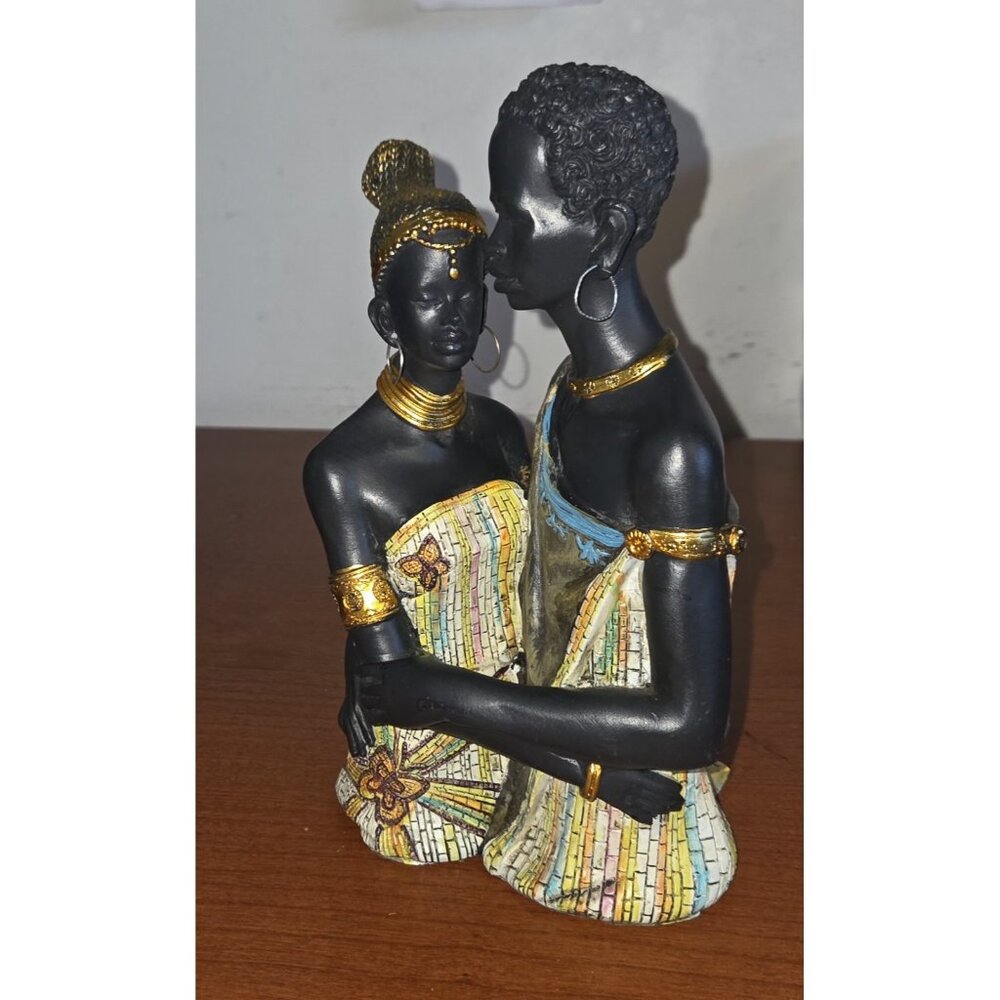 Decorative Resin African Couple Statue with Gold Trim Garments 9 Inch